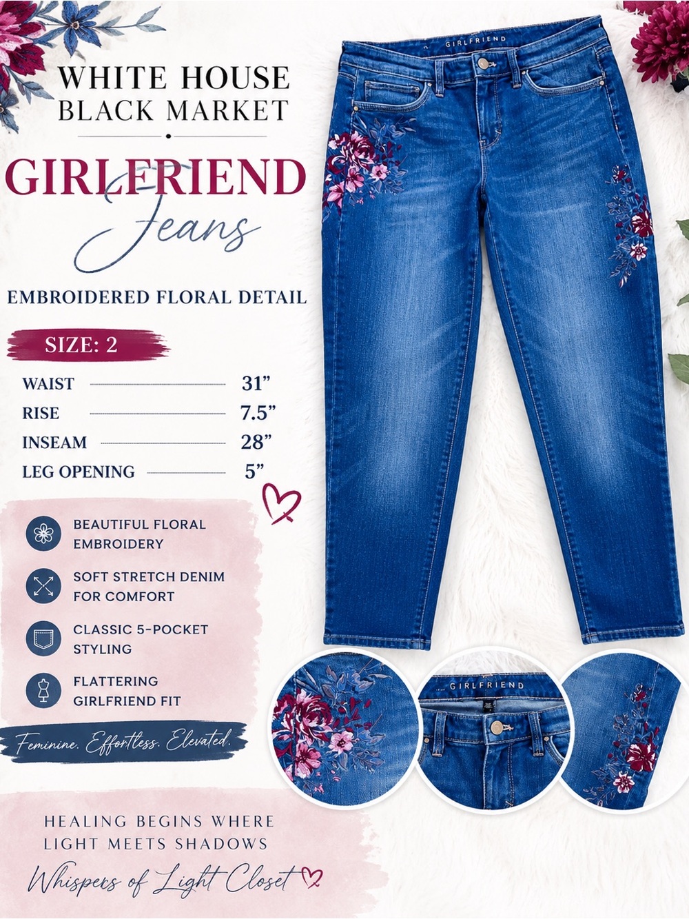 White House Black Market Embroidered Girlfriend Jeans – Floral Detail – Size 2